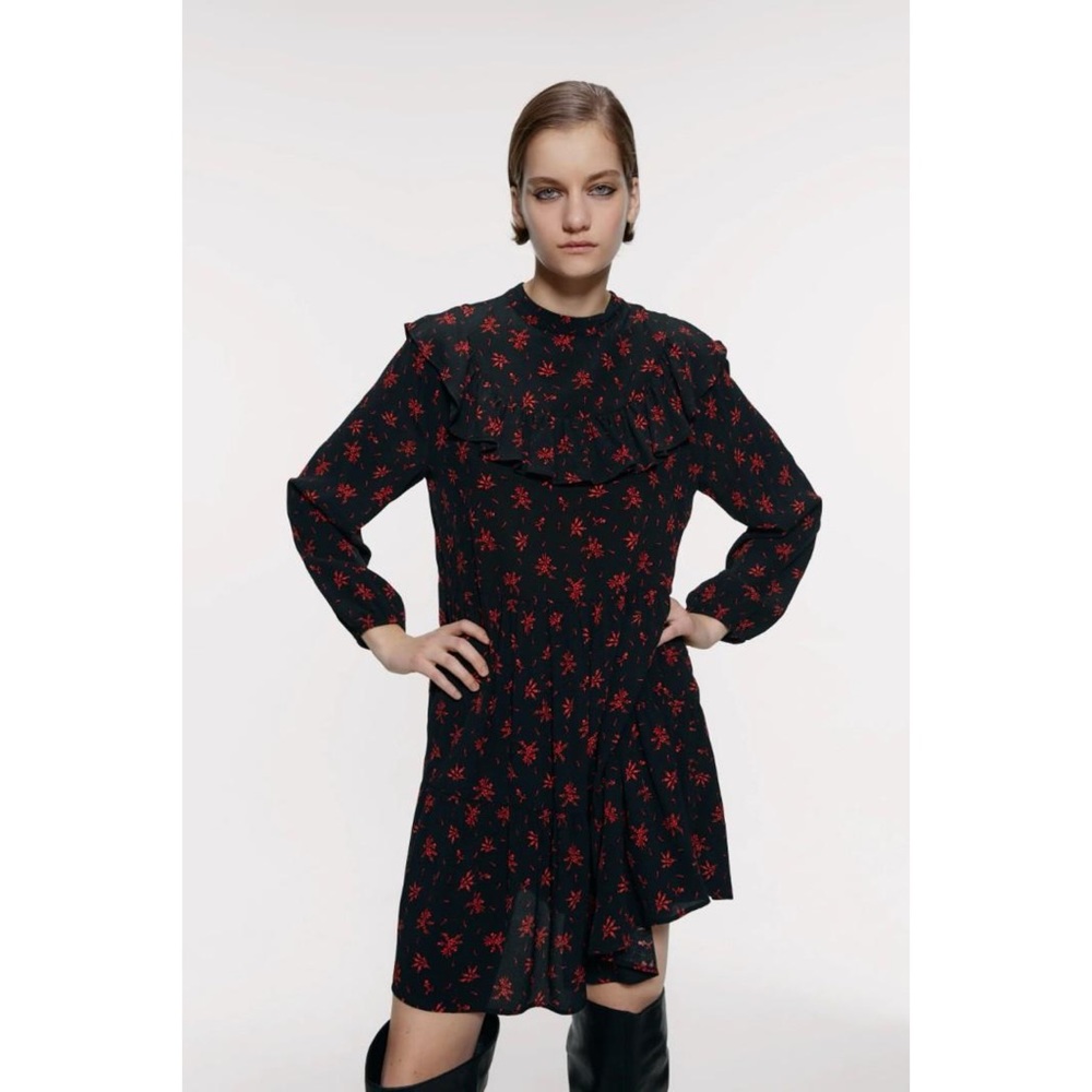 Zara Black Floral Ruffle Long Sleeve Mini Dress Flounce Hem Viscose Fall Winter